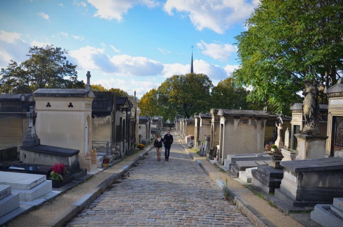 A long cobblestone street at Pere Lachaise